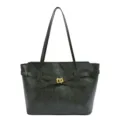 Vintage dark green shoulder tote bag with metal lock, stylish large capacity commuting bag. - Green