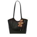 Schwarze Leder-Tote-Bag für Damen mit niedlichem Bären-Anhänger und langen Trägern Variante - Mit Anhänger / Schwarz