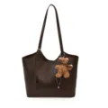 Dunkelbraune Damen Handtasche Schultertasche Shopper mit niedlichem Plüsch Bär Anhänger. - Mit Anhänger / Kaffee