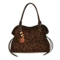 Leopard print suede tote bag with brown leather handles and wooden bead charm for women. - Leopard Print