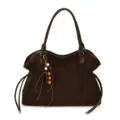 Dark brown suede tote bag with wooden bead charm, casual large capacity shoulder bag for women. - Coffee