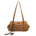 Braune Wildleder Boston Tasche für Damen, stylische Bowling Umhängetasche mit Quaste und Kapazität. - Hellbraun