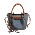 Stylish denim pattern bucket bag for women, trendy brown leather handle shoulder crossbody bag. - Dark Blue