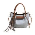 Chic women denim bucket bag with brown PU trim, stylish casual shoulder crossbody handbag style. - Light Blue