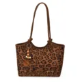 Stilvolle Leo-Muster Tote Tasche für Damen mit braunen Ledergriffen und Holzperlenanhänger. - Leopardenprint