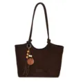 Braune Damen Wildleder Shopper Tasche, elegante Umhängetasche mit Holzperlen Anhänger Knoten. - Kaffee