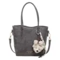 Damen graue PU Leder Handtasche mit Bär Anhänger, elegante Schultertasche für Pendler Alltag. - Mit Anhänger / Grau