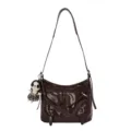Dunkelbraune glänzende Lederschultertasche, Retro Umhängetasche mit süßem Puppenanhänger. - Mit Anhänger / Dunkelbraun