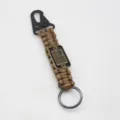 Outdoor tactical paracord keychain with carabiner and metal US flag tag for daily use. - Brown