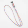 Detailed shot of colorful rainbow paracord lanyard with black metal clasp for keys. - Style 255
