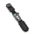 Black paracord survival bracelet detail shot showing compass dial, buckle and sturdy weave. - Black