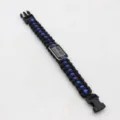 Handmade paracord bracelet with metal buckle and blue line flag emblem for outdoor sports. - Black and Royal Blue