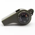 Sifflet de survie 3-en-1 extérieur avec thermomètre et boussole intégrés pour le camping. - Vert Militaire