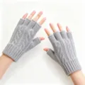 Grey cable knit fingerless gloves, half finger design, warm winter knitwear for daily wear. - One Size / Gray