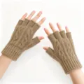 Brown cable knit fingerless gloves for women and men, warm winter half finger mitten. - One Size / Khaki