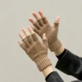 Strick halbe Finger Handschuhe in Kamel, Wolle Winter warme fingerlose Handschuhe Damen - Einheitsgröße / Khaki