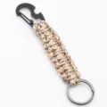 Handmade paracord keychain with black metal carabiner and bottle opener for outdoor use. - Desert Camouflage