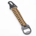 Durable tactical paracord keychain with metal carabiner and bottle opener in brown - Brown