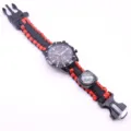 Outdoor survival paracord watch with compass and flint buckle, black red woven design. - Red + Black