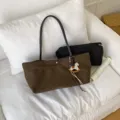 Brown canvas tote bag with black handles, matching pouch and cute rocking horse charm. - Shoulder Bag Set / Coffee