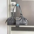 Grey rivet PU leather handbag, retro motorcycle style shoulder bag with metal buckles. - Gray