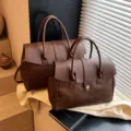 Classic brown leather tote bag, large capacity work briefcase for women, stylish commute bag. - L / Brown