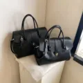 Black leather top handle tote bag, chic commuter briefcase for women, elegant old money style. - L / Black