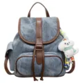 Casual denim backpack for women, lightweight Korean style daily commuter school bag with cute dog. - With Pendant / Denim Blue
