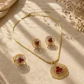 French vintage fan flower necklace earrings ring set with red stones and gold finish. - Necklace Earrings and Ring / Red