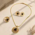 French retro fan flower necklace earrings ring set, elegant gold jewelry for women - Necklace Earrings and Ring / Black