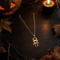 Halloween spider necklace with red crystal stone in gold finish, perfect gothic holiday jewelry. - Spider Jewelry Set / Earrings + Necklace / Red