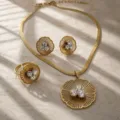 French vintage fan flower jewelry set including necklace earrings and ring in gold tone finish. - Necklace Earrings and Ring / White