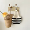 Children black white striped knitted handbag, cute winter kids fashion styling mini tote bag. - Kids / Black
