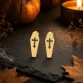 Gold stainless steel coffin cross stud earrings gothic Halloween jewelry detailed closeup view - Cross Style (miou-490) / Gold