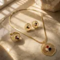 French vintage fan flower three-stone necklace earrings ring jewelry set for women. - Necklace Earrings and Ring / Multicolor