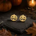 Gold stainless steel Halloween pumpkin stud earrings, spooky cute holiday jewelry variant. - Pumpkin Head Style (miou-490) / Gold
