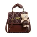 Stylish brown women backpack with cute bear pendant, retro diamond quilted casual school bag. - With Pendant / Brown
