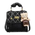 Stylish black quilted mini backpack with bow handle, metal label and cute teddy bear pendant. - With Pendant / Black