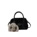 Trendy autumn winter black fluffy plush crossbody bag pillow bag with cute rabbit charm - With Pendant / Black