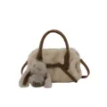 Fluffy plush shoulder bag for women winter fuzzy pillow handbag with cute bunny charm brown PU - With Pendant / Apricot