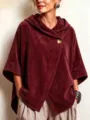 Women's burgundy corduroy hooded cape jacket, loose three-quarter sleeve asymmetric button coat. - Dark Red