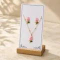 Pink enamel tulip flower necklace and earrings set, elegant gold chain jewelry gift for women. - Pink