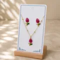 Enamel tulip necklace and earrings set, elegant pink floral design jewelry for women stylish. - Red