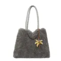 Bolso tote de felpa gris para mujer, bolso de hombro de invierno de moda con asas. - Con Colgante / Gris