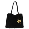 Bolso tote de felpa negra con asas trenzadas y dije de palmera para otoño e invierno - Con Colgante / Negro