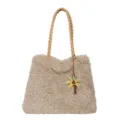 Bolso tote mullido beige de borreguito para mujer, bolso de hombro de felpa suave y elegante. - Caqui