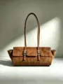Braune Wildleder Umhängetasche Vintage Baguette Achsel Tote Tasche Damen Alltag Pendeln - 30*24.5*9.5 / Karamellbraun