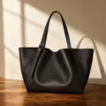 Elegante schwarze Damentasche aus Leder, großer Shopper mit Schulterriemen und Schnalle. - Schwarz