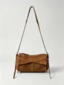 Brown genuine leather shoulder bag for women, stylish French commuter crossbody handbag with flap. - 25*13.5*10cm / Caramel Brown