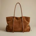 Braune Wildleder-Tasche für Damen, große Schultertasche Shopper mit Schnallen-Dekor. - 46x29x15cm / Karamellbraun